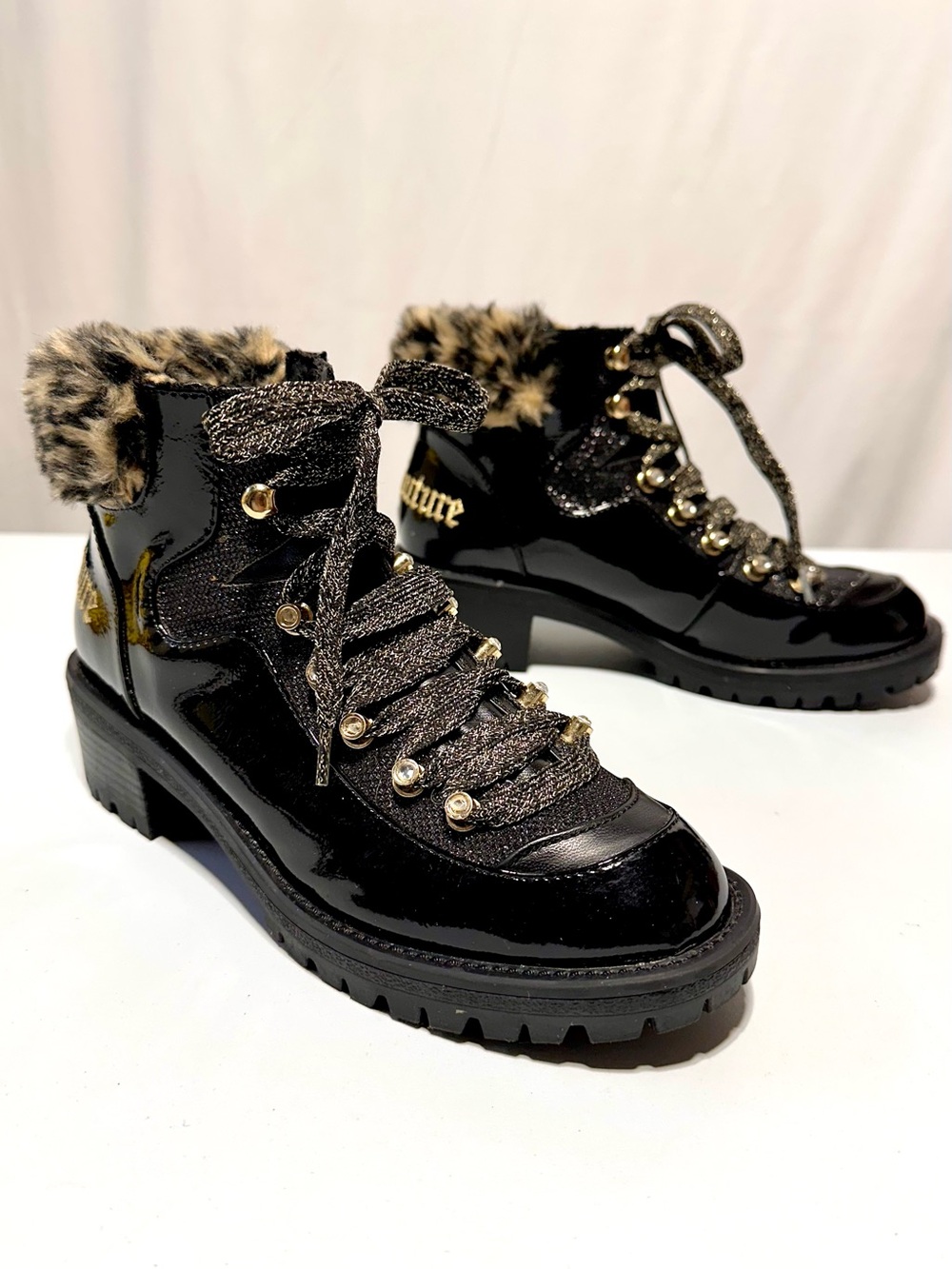 Juicy Couture Indulgence Black Patent Leopard Faux Fur Rhinestone Boots 7M